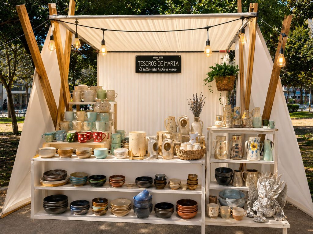Un stand de feria al aire libre techado con lona blanca, iluminado con ampolletas decorativas y lleno de productos artesanales.