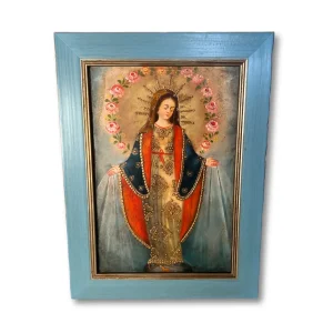 Cuadro Virgen de las Rosas, óleo sobre tela de Cuzco con marco celeste
