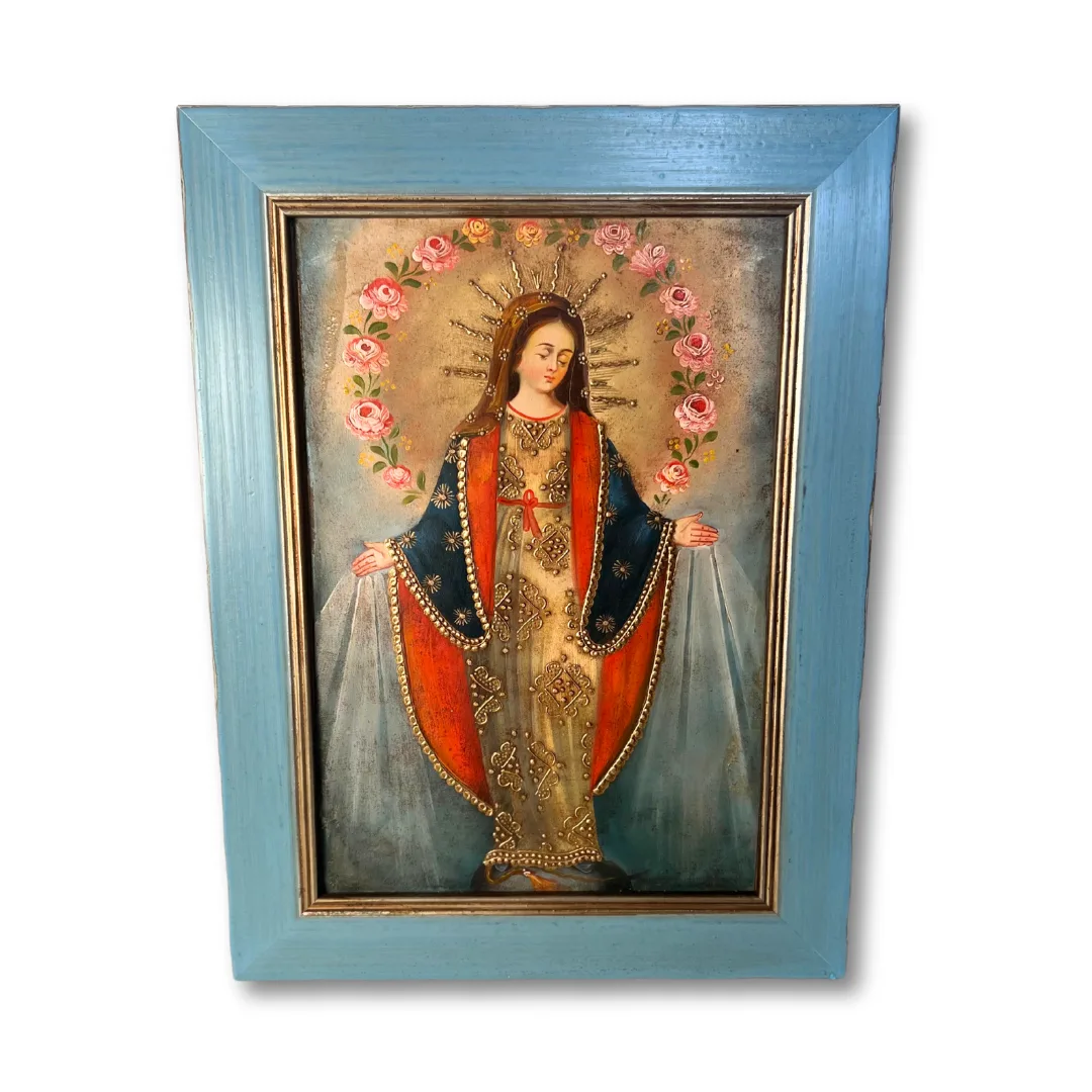 Cuadro Virgen de las Rosas, óleo sobre tela de Cuzco con marco celeste